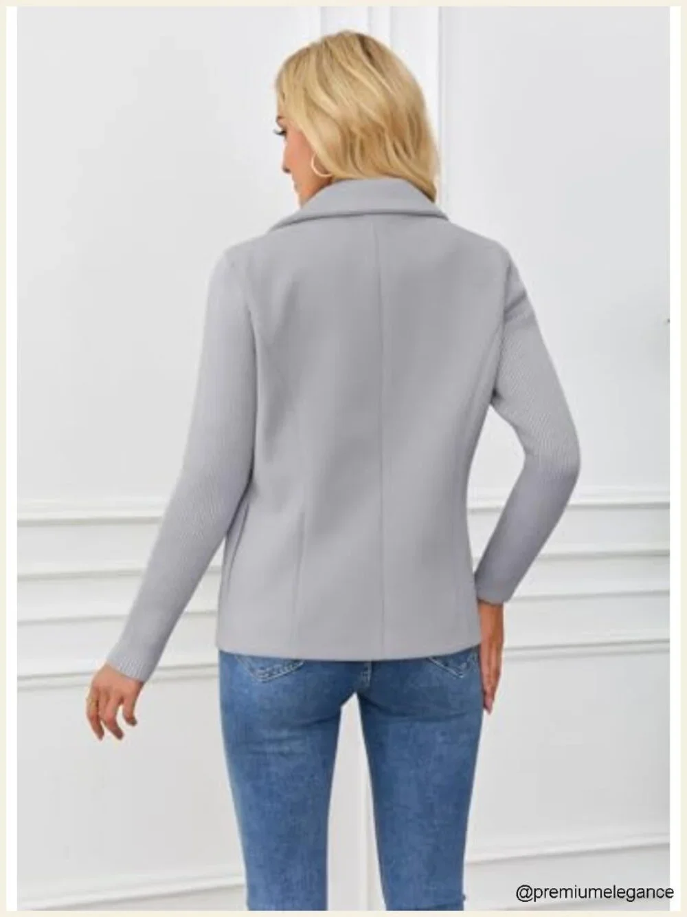 Women's Double Breasted Wool Pea Coat Notched Lapel Ribbed Knit Long Sleeve